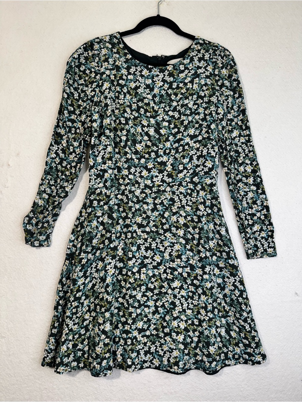 LOFT Dark Green Whimsical White Ditsy Floral Puff Long-Sleeve Flare Dress Size 8